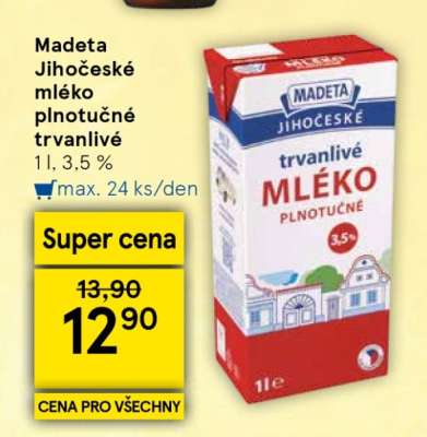 Madeta Jihočeské mléko plnotučné trvanlivé