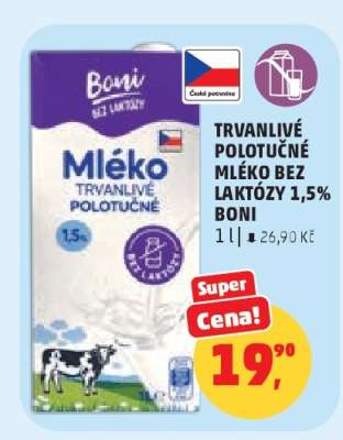 TRVANLIVÉ POLOTUČNÉ MLÉKO BEZ LAKTÓZY 1,5% BONI