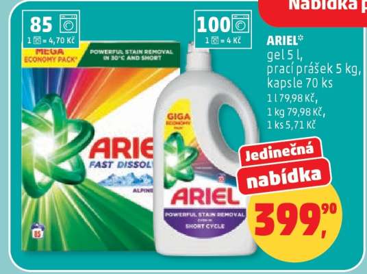 ARIEL gel 5 l, prací prášek 5 kg, kapsle 70 ks