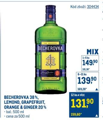 BECHEROVKA 38%, LEMOND, GRAPEFRUIT, ORANGE & GINGER 20%