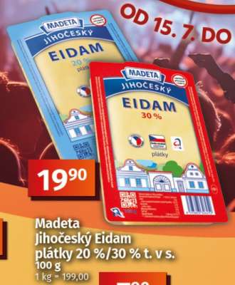 Madeta Jihočeský Eidam plátky 20 %/30 % t. v s.