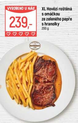 XL Hovězí roštěná s omáčkou ze zeleného pepře s hranolky