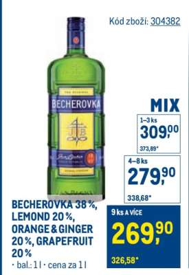 BECHEROVKA 38 %, LEMOND 20 %, ORANGE & GINGER 20 %, GRAPEFRUIT 20 %