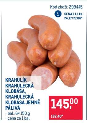 KRAHULÍK KRAHULECKÁ KLOBÁSA, KRAHULECKÁ KLOBÁSA JEMNĚ PÁLIVÁ