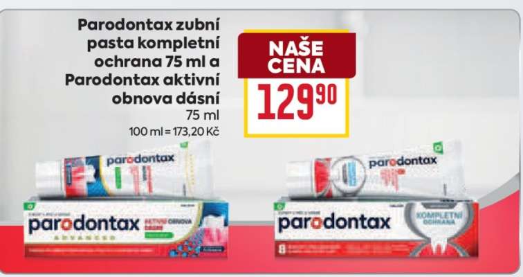 Parodontax zubní pasta kompletní ochrana 75 ml a Parodontax aktivní obnova dásní 75 ml