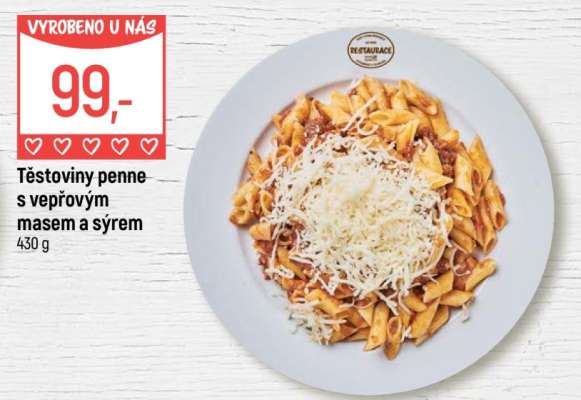 Těstoviny penne s vepřovým masem a sýrem