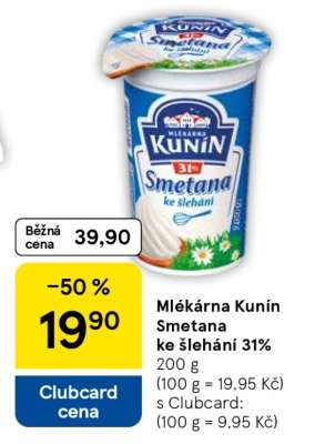 Mlékárna Kunín Smetana ke šlehání 31%