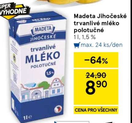Madeta Jihočeské trvanlivé mléko polotučné