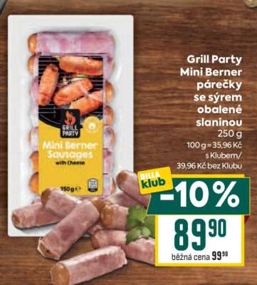 Grill Party Mini Berner párečky se sýrem obalené slaninou