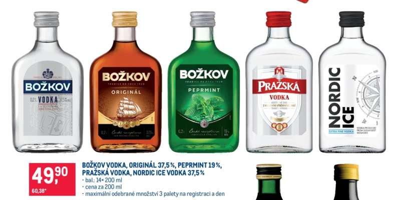 BOŽKOV VODKA, ORIGINÁL 37,5%, PEPRMINT 19%, PRAŽSKÁ VODKA, NORDIC ICE VODKA 37,5%