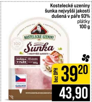 Kostelecké uzeniny šunka nejvyšší jakosti dušená v páře 93% plátky 100 g
