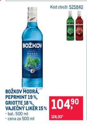 BOŽKOV MODRÁ, PEPRMINT 19 %, GRIOTTE 18 %, VAJEČNÝ LIKÉR 15 %