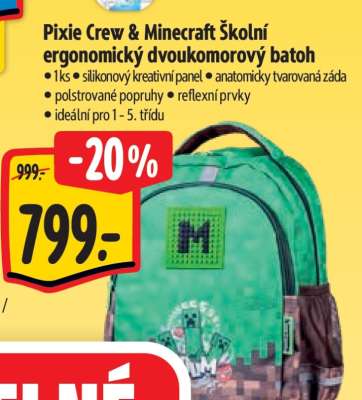Pixie Crew Minecraft Školní ergonomický dvoukomorový batoh