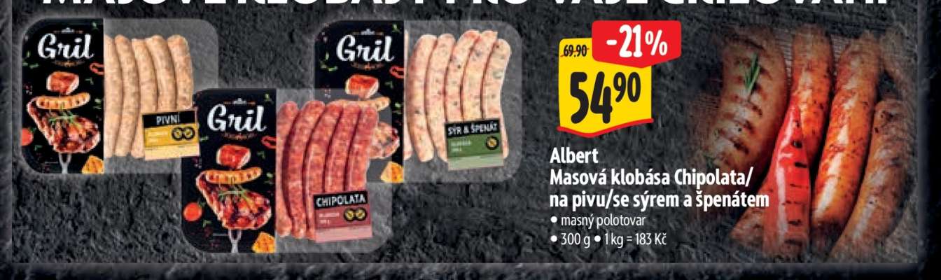 Albert Masová klobása Chipolata/na pivu/se sýrem a špenátem