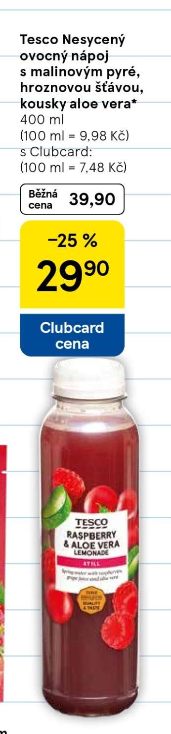 Tesco Nesycený ovocný nápoj s malinovým pyré, hroznovou šťávou, kousky aloe vera