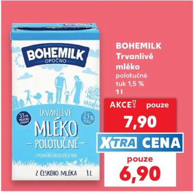 BOHEMILK Trvanlivé mléko polotučné tuk 1,5 % 1l