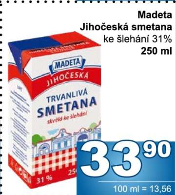 Madeta Jihočeská smetana ke šlehání 31% 250 ml