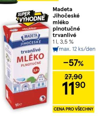 Madeta Jihočeské mléko plnotučné trvanlivé