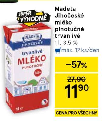 Madeta Jihočeské mléko plnotučné trvanlivé