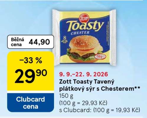 Zott Toasty Tavený plátkový sýr s Chesterem