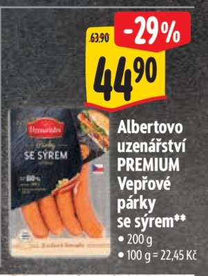 Albertovo uzenářství Premium Vepřové párky se sýrem